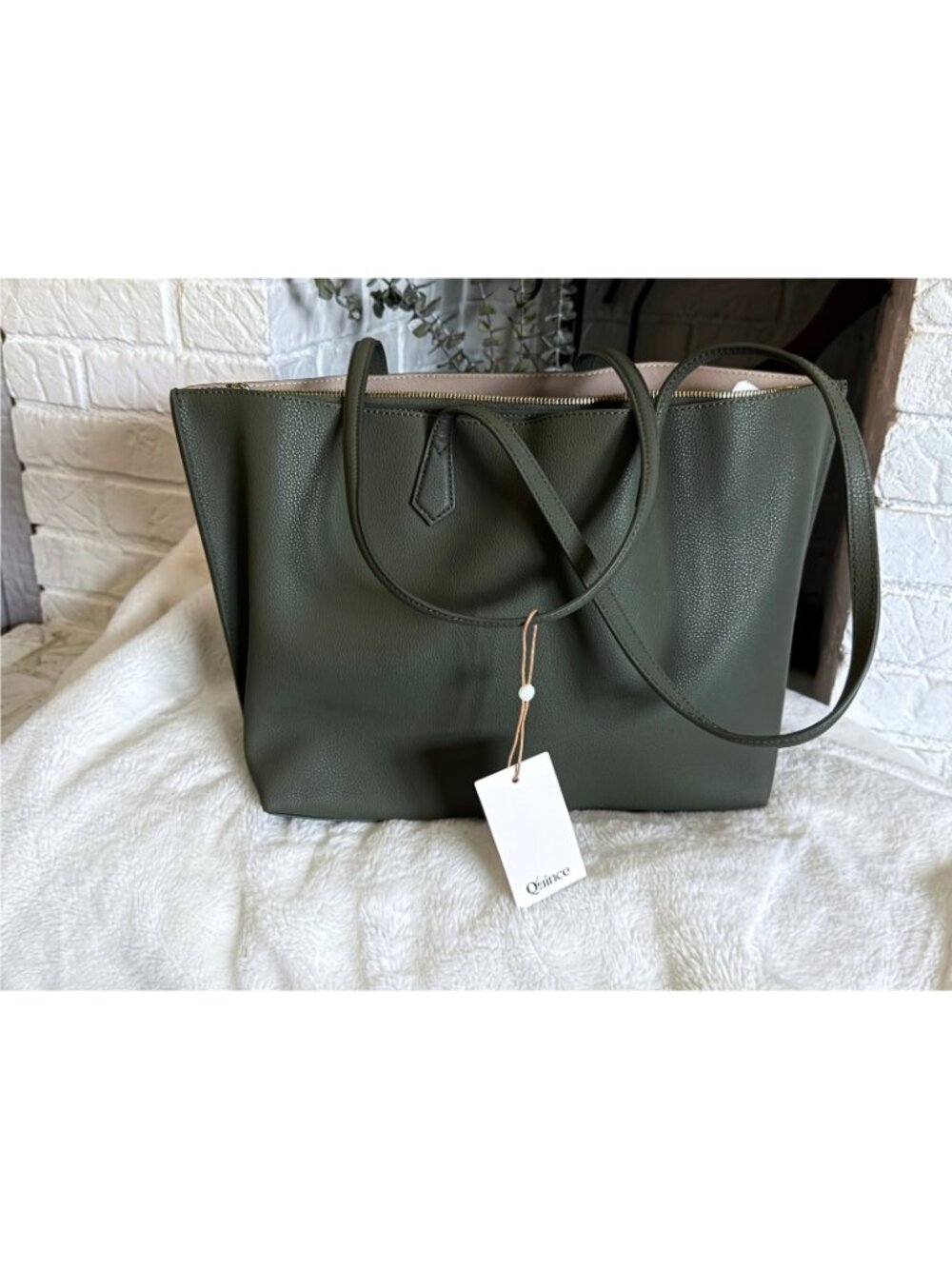 Quince Italian Leather Triple Compartment Shopper Tote Olive NWT Fits 13" Laptop